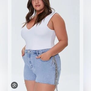 FOREVER 21 Denim Jean Shorts With Fringe Rhinestones Sz 18 Women Plus Curvy Q23